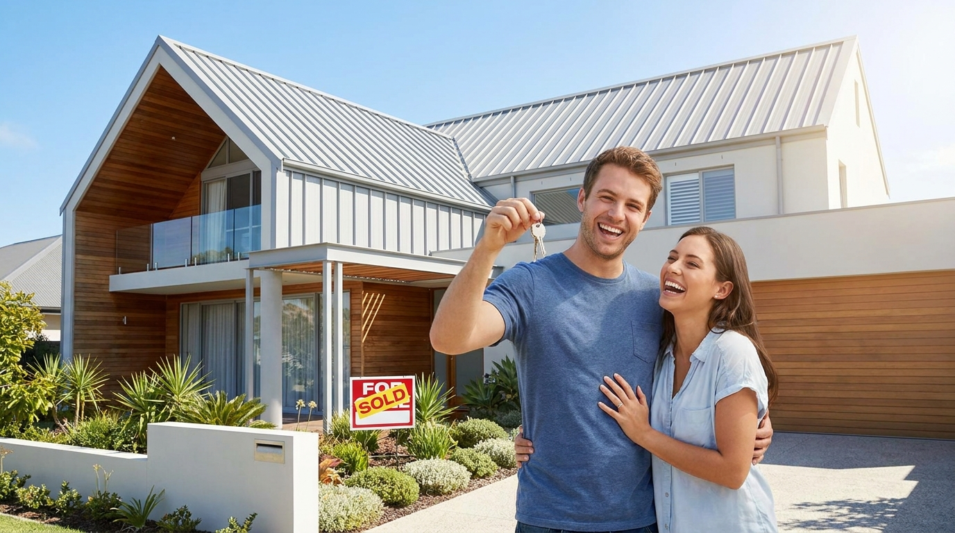 First-time home buyer couple reviewing mortgage documents in front of their new home in 2026