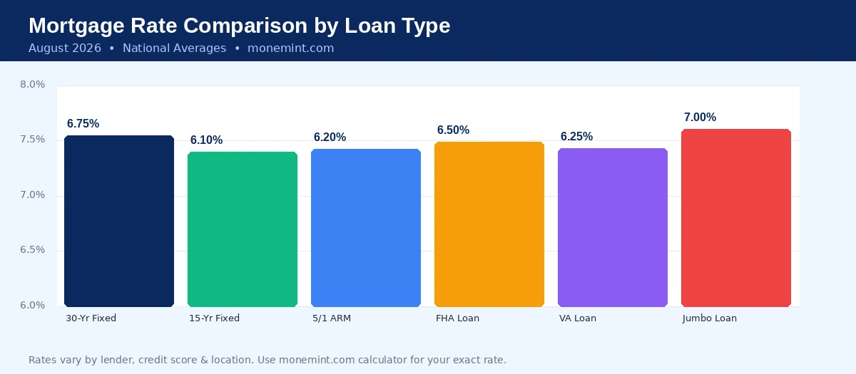 Bar chart comparing 30-year vs 15-year vs ARM mortgage rates in 2026