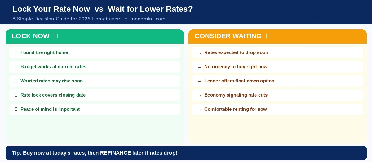 Decision guide showing when to lock mortgage rate versus wait in 2026